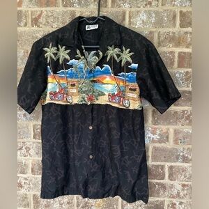ALOHA REPUBLIC  Hawaiian Camp Shirt Size Large Motorcycle Palms Primitive design